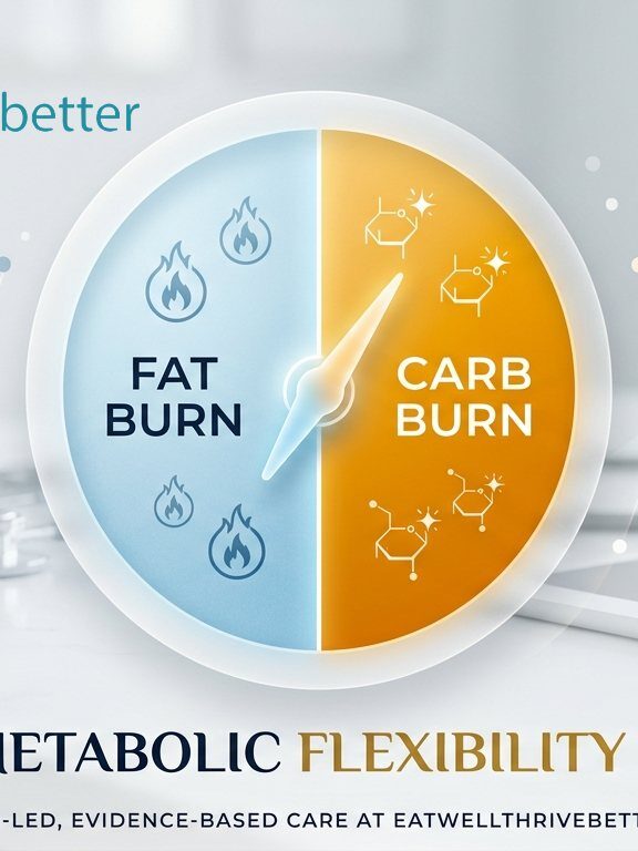 A sleek, modern metabolic dial on a white marble desk showing the balance between fat burn and carb burn, representing metabolic flexibility in a doctor-led wellness setting.