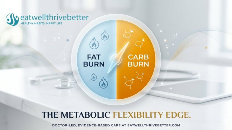 Metabolic Flexibility: The Doctor-Led Secret to Sustainable Weight Loss A sleek, modern metabolic dial on a white marble desk showing the balance between fat burn and carb burn, representing metabolic flexibility in a doctor-led wellness setting.