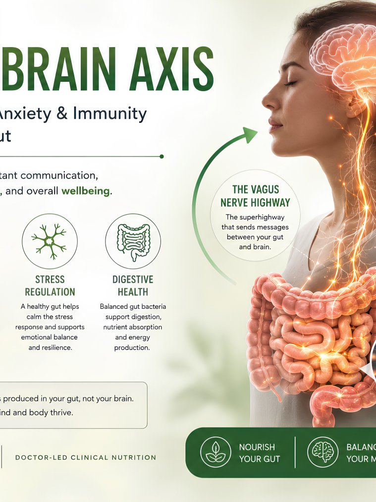 Gut-Brain Axis infographic showing the connection between gut health, mood, anxiety, immunity, serotonin production, and the vagus nerve.