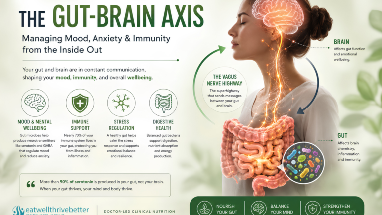 Gut-Brain Axis infographic showing the connection between gut health, mood, anxiety, immunity, serotonin production, and the vagus nerve.