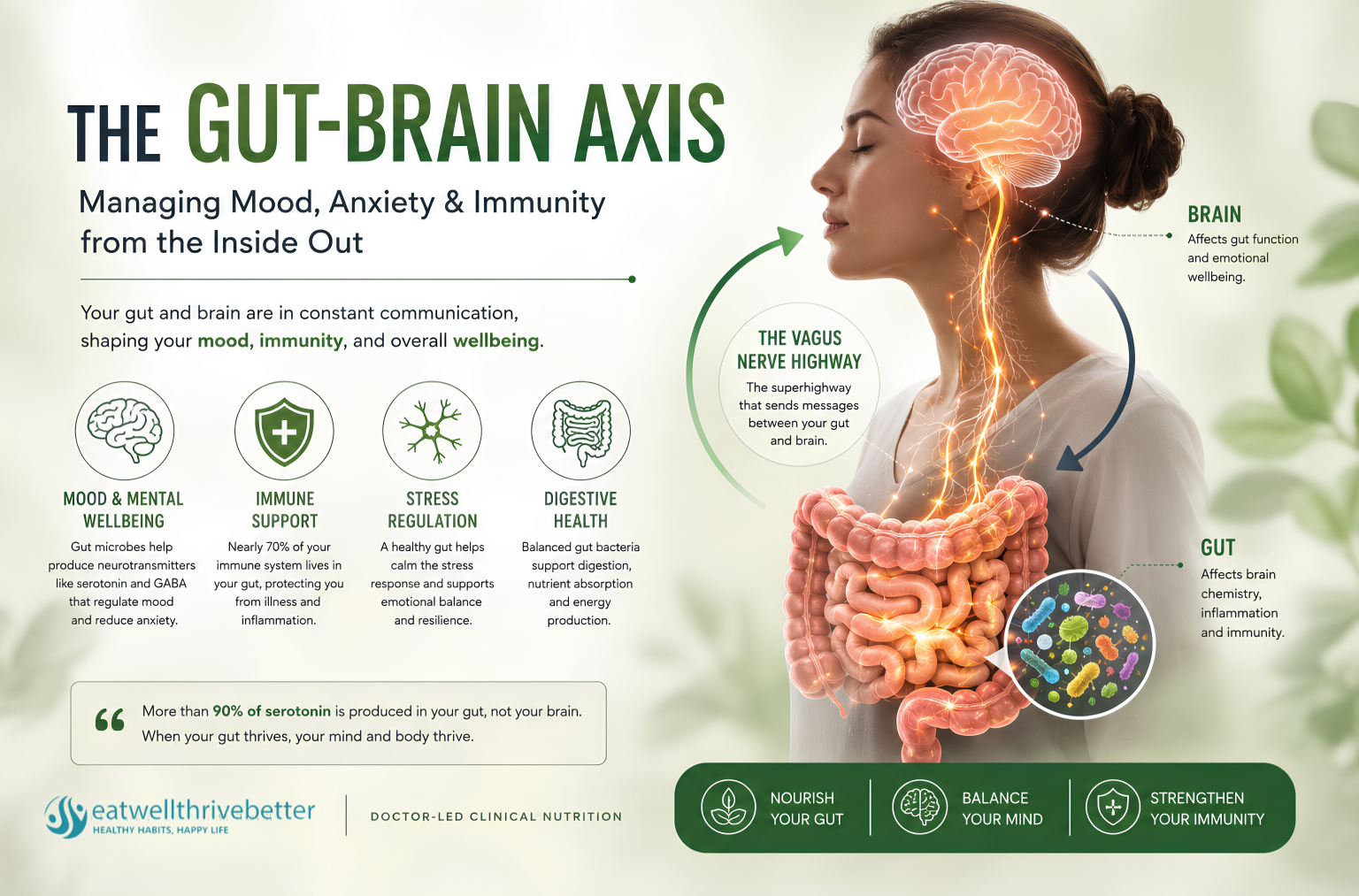 Gut-Brain Axis infographic showing the connection between gut health, mood, anxiety, immunity, serotonin production, and the vagus nerve.